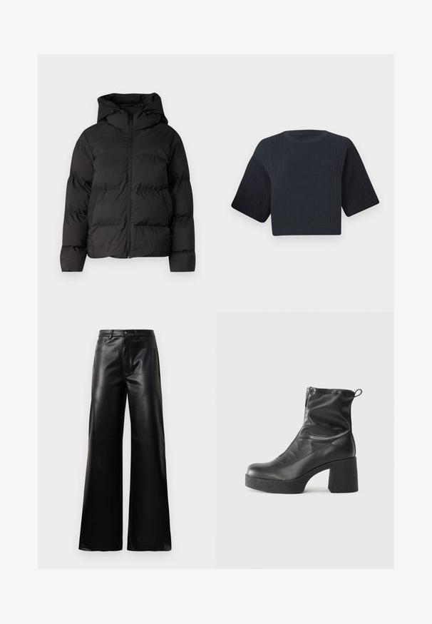 Črna podložena jakna s kapuco, ki ima sprednji zadrgo in dva stranska žepa. Gladek, sijoč material s pikčasto obdelavo.; Temno modri skrajšani pleteni pulover z rebrasto teksturo, kratkimi širokimi rokavi in okroglim izrezom. Preprost dizajn, brez vidnih vzorcev ali poudarkov.; Črne široke hlače iz umetnega usnja z visokim pasom, sprednjim gumbom, zadrgo, zanke za pas in stranskimi žepi na beli podlagi.; Črne gležnjarje iz gladke kože z božnim zadrgo, masivnim teksturiranim peto in zaobljeno obliko prstov.