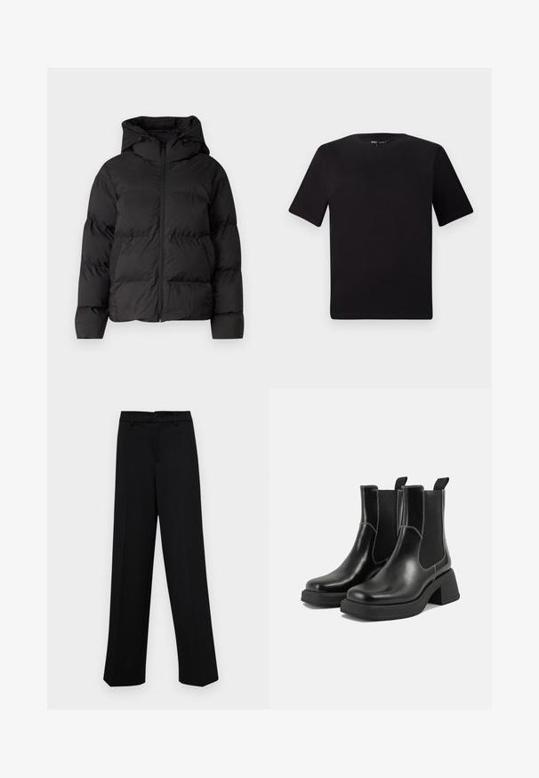 Black padded jacket with a hood, featuring a front zipper and two side pockets. Smooth, shiny material with quilted detailing.; Black short-sleeve t-shirt with a round neckline, crafted from soft cotton fabric. Simple design, no visible logos or patterns.; Black wide-leg trousers made of smooth fabric, featuring a classic waistband with a button closure and front pleats.; Black leather Chelsea boots with a chunky heel, elastic side panels, and contrasting white stitching. Textured finish.