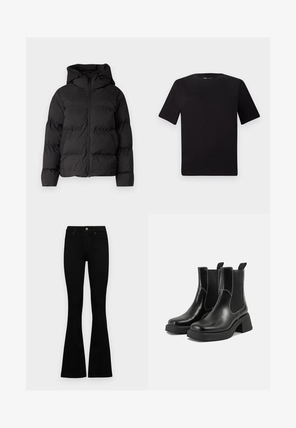Crna podstavljena jakna s kapuljačom, s prednjim patentnim zatvaračem i dva bočna džepa. Glatki, sjajni materijal s quilting detaljima.; Crna majica kratkih rukava s okruglim izrezom, izrađena od mekane pamučne tkanine. Jednostavan dizajn, bez vidljivih logotipa ili uzoraka.; Crne traperice viskog struka s kopčanjem na gumb i rajfeslusu, prednjim džepovima i širom nogavicama položene su ravno na bijeloj pozadini.; Crne kožne Chelsea čizme s debelim potplatom, elastičnim bočnim panelima i kontrastnim bijelim šavovima. Teksturirana površina.