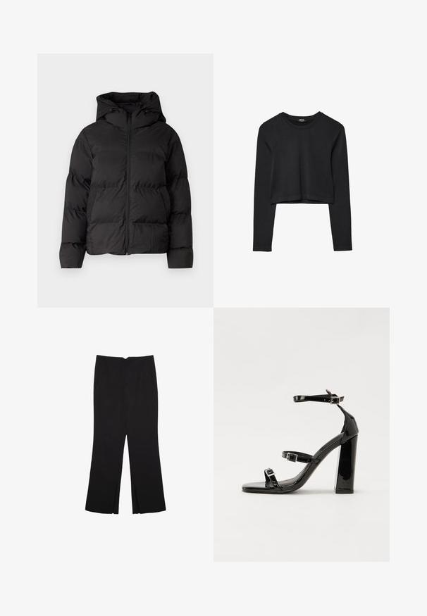 Schwarze gepolsterte Jacke mit Kapuze, mit einem Reißverschluss auf der Vorderseite und zwei Seitentaschen. Glattes, glänzendes Material mit gesteppten Details.; Schwarzes, langärmliges, kurz geschnittenes Oberteil mit Rundhalsausschnitt, schlichter Gestaltung und leicht abgerundetem Saum.; Schwarze Hose mit geradem Schnitt, ausgestattet mit Fronttaschen und Seitenschlitzen am Saum. Hergestellt aus weichem, glattem Stoff. Geeignet für verschiedene Anlässe.; Schwarze Lackleder-Sandalen mit hohen Absätzen, zwei Riemen mit Schnallen, quadratischer Zehenpartie und klobigem Blockabsatz, mit einer glatten, glänzenden Textur.