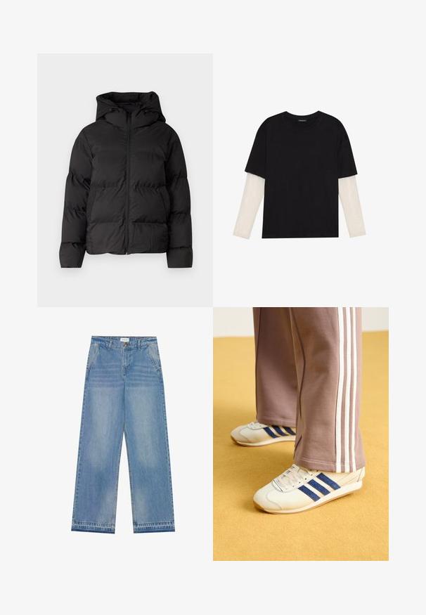 Jachetă neagră cu umplutură, dotată cu glugă, având un fermoar frontal și două buzunare laterale. Material neted, lucios, cu detalii matlasate.; Tricou negru din bumbac, cu mâneci scurte, peste un strat alb cu mâneci lungi, având un model texturat subtil. Design cu guler rotund.; Jeansi cu talie înaltă, largi, de culoare albastru deschis, cu închidere prin buton, buzunare frontale, bucle pentru curea și detalii subtile de decolorare.; Sneakers crem cu dungi din suede bleu, șireturi albe și talpă din cauciuc. Asortați cu pantaloni de trening gri cu dungi albe pe laterale.