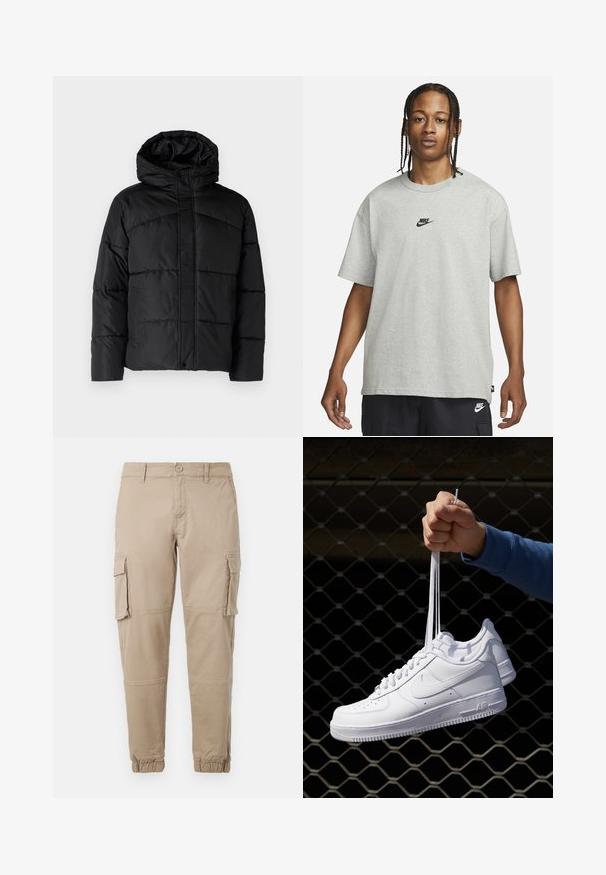 Fekete párnázott dzseki kapucnival, steppelt mintával, cipzáras elülső záródással és oldalsó zsebekkel. Lágy, sima textúra az egész anyagon.; Fiatal, fonott hajú személy világosszürke Nike pólót és fekete Nike rövidnadrágot visel, egy sima fehér háttér előtt.; Beige színű cargo nadrág könnyű pamut anyagból. Rugalmas mandzsettákkal, több oldalsó zsebbel és gombos záródással rendelkezik.; Fehér bőr sportcipők perforációval, kerek orral, lapos talppal és vastag fűzőkkel, látható swoosh logóval és "AIR" felirattal a sarokrészen.