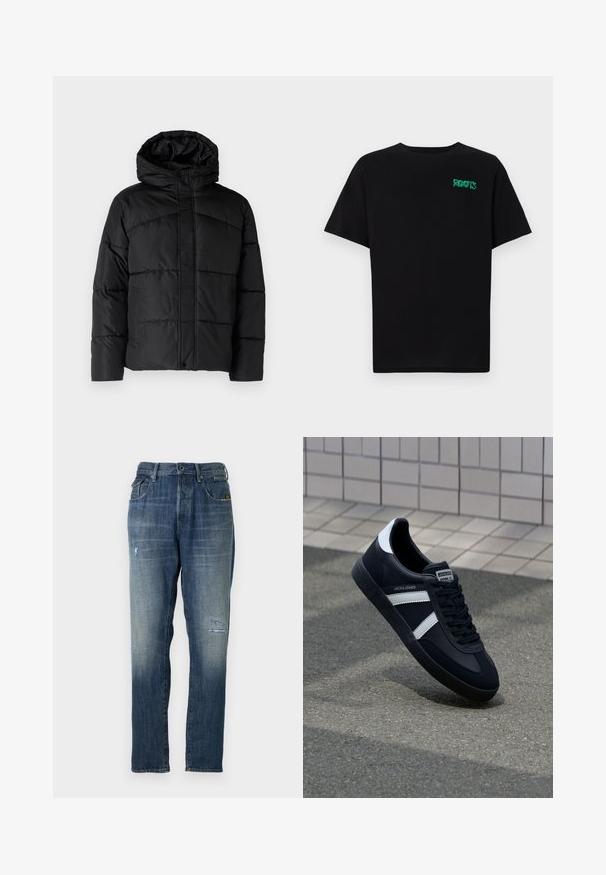 Must mustaga, millel on kapuuts, vihmavarju musta värvi ja tikitud disain, lukuga ees ja küljetaskud. Pehme ja sile tekstuur üle kogu pinna.; Must t-särk, mis on valmistatud puuvillast, lühikeste varrukatega. Esipaneelil on roheline "ROOTS" logo, ümmargune kaelus ja tavapärane lõige.; Denim teksad, millel on pleekinud sinine värv, sirge jalgade disain, mõõdukas kulumine ees ja klassikaline viie-tasku stiil.; Must have musta sneaker musta valgete triipudega, tekstuurne kummitald ja nööridega esiosa. Omab bränditud märki keele peal.