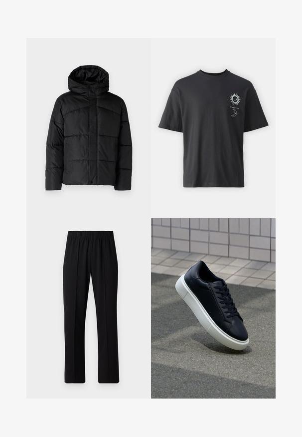 Črna podložena jakna s kapuco, z qultanim dizajnom, z zadrgo spredaj in stranskimi žepi. Mehka, gladka tekstura po vsej jakni.; Črna bombažna majica s kratkimi rokavi, okroglim izrezom in grafiko sonca in lune spredaj, v kombinaciji z besedilom "Le Soleil et La Lune."; Črne elastične hlače z ravnimi nogavicami, ki imajo gladko teksturo in brez vidnih vzorcev ali dodatkov.; Črne usnjene superge z zaobljenim prstom in belim gumijastim podplat. Imajo ravne vezalke in minimalno šivanje na zgornjem delu. Teksturirani podplat za oprijem.