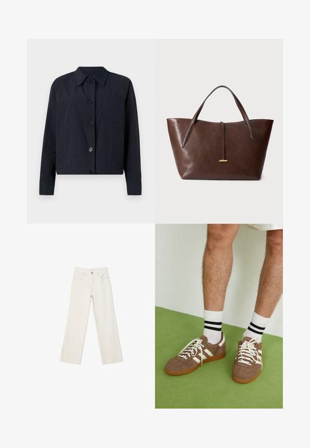 Marineblå jakke med krave, frontknaplukning og en brystlomme. Har en glat overflade og lange ærmer.; Langærmet polo-shirt med skiftende mørkebrun og hvid vandrette striber, en krave og en knaplukning. Fremstillet af blødt stof.; Hvide brede bukser lavet af denim, med høj talje, frontlommer og knaplukning. Renset design med minimale accenter.; Brune ruskind sneakers med hvide detaljer og snørebånd. Gummisål i naturgummi. Båret med hvide sokker med sorte striber. Grøn struktureret gulv.; Brun læder tote taske med to håndtag, en struktureret form og en enkel guldfarvet accent. Glat tekstur med subtil kornmønster.