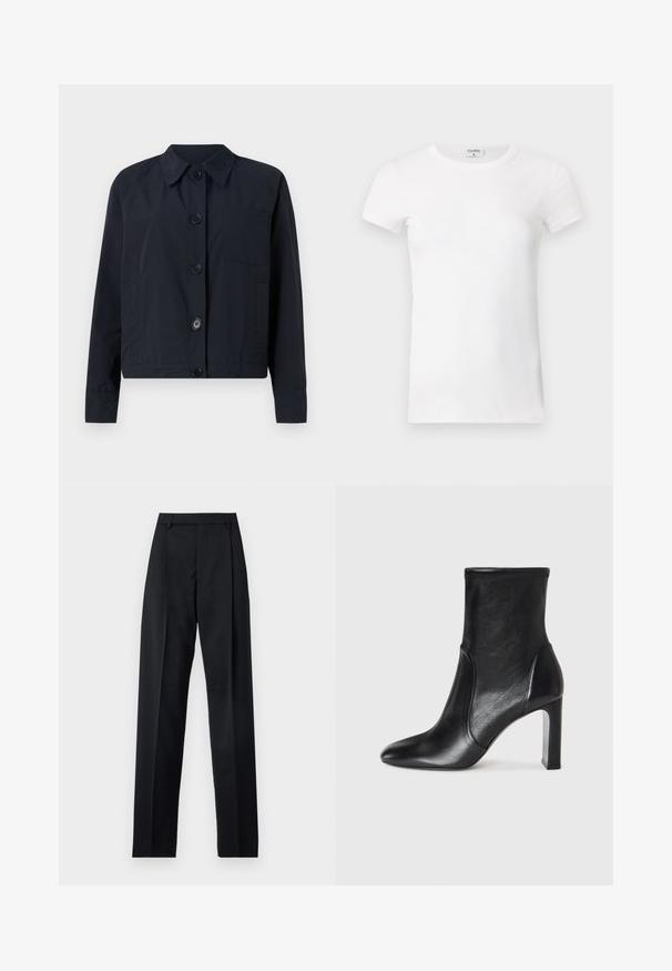 Mornarsko modra jakna s ovratnikom, sprednjim zapiranjem na gumbe in enim žepom na prsih. Ima gladko teksturo in dolge rokave.; Bela rebrasta majica s kratkimi rokavi in okroglo ovratnikom. Tkanina se zdi gladka z oprijetim silhueto. Oznaka blagovne znamke vidna na ovratniku.; Črne hlače iz gladkega materiala, ki imajo visok pas, široke noge, sprednje nabore in klasične zanke za pas. Nevidni stranski žepi.; Črne usnjene gležnjarje s sleek dizajnom, koničastim nosom in visokim blokom pete. Imajo gladko teksturo in minimalistične šive.