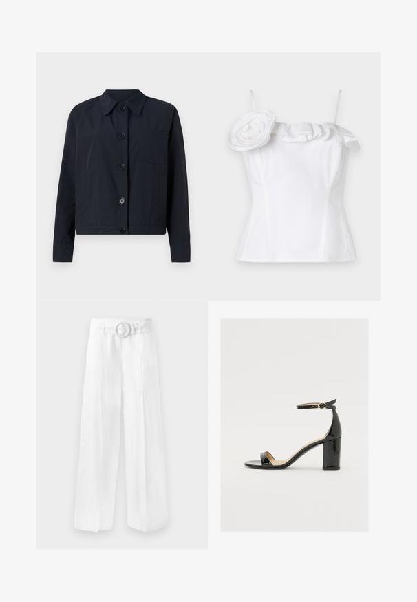 Marineblauwe jas met een kraag, sluiting met knopen aan de voorkant en één borstzak. Heeft een gladde textuur en lange mouwen.; Witte mouwloze top met een gerimpelde halslijn en een grote, decoratieve bloemaccent aan één kant; gladde textuur, aangesloten ontwerp.; Wijdvallende witte linnen broek met een geborduurde tailleband met een ronde gesp. Glad oppervlak met een losse pasvorm, geen zichtbare patronen.; Zwarte lakleren sandaal met een brede hak, open teen en enkelbandje met een gouden gesp. Zachte textuur en strak ontwerp.