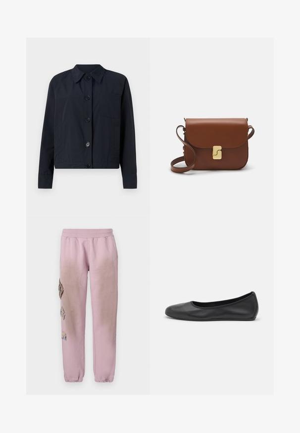 Marineblå jakke med krave, frontknaplukning og en brystlomme. Har en glat overflade og lange ærmer.; Hvid kortærmet t-shirt lavet af ribbet stof. Rund halsudskæring, almindelig pasform og subtile syninger. Ingen mønstre eller grafik.; Lyserøde sweatpants med elastisk talje, prydet med dekorative patches i diamantform på venstre side og elastiske manchetter ved anklerne.; Sort læderballetsko med rund tå, glat tekstur, minimal syning og et fleksibelt såldesign.; Brun læder håndtaske med flaplukning, hardware i gyldent tone, en skulderrem og en glat overflade. Kompakt rektangulær form.