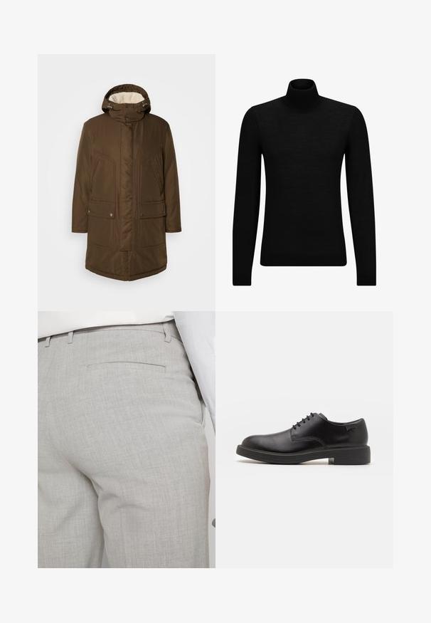 Καφέ, μονωμένο παρκά με κουκούλα, που διαθέτει μαλακή εσωτερική επένδυση, δύο μπροστινές τσέπες και ίσια γραμμή. Συμπεριλαμβάνονται ρυθμιζόμενοι κορδόνια στον λαιμό.; Μαύρο πουλόβερ σταυρωτό λαιμό, φτιαγμένο από μαλακό υλικό, με μακριά μανίκια και εφαρμοστή γραμμή. Ριγωτή λεπτομέρεια στο τελείωμα και στους καρπούς. Απλός σχεδιασμός.; Ανοιχτό γκρι, ραμμένο παντελόνι από υφή ύφασμα, με μία τσέπη στο πίσω μέρος και καθαρή ραφή.; Μαύρο δερμάτινο παπούτσι με κορδόνια, με στρογγυλή μύτη, λεία υφή, ελάχιστη ραφή και χαμηλή καουτσούκ σόλα. Λογότυπο στη σόλα.