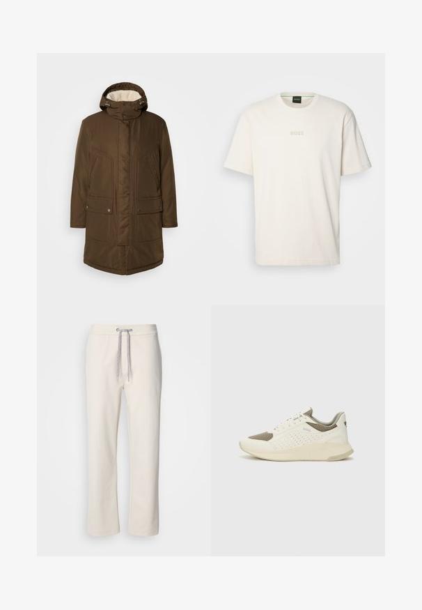 Brown, insulated parka with a hood, featuring a soft inner lining, two front pockets, and a straight cut. Adjustable neck toggles included.; BOSS TEE - Basic T-shirt - open white; Cream-colored casual pants with a drawstring waist and straight legs, displayed against a plain white background.; White and light beige athletic sneaker, featuring a mesh upper, perforated detailing, and a textured midsole with branding on the heel.