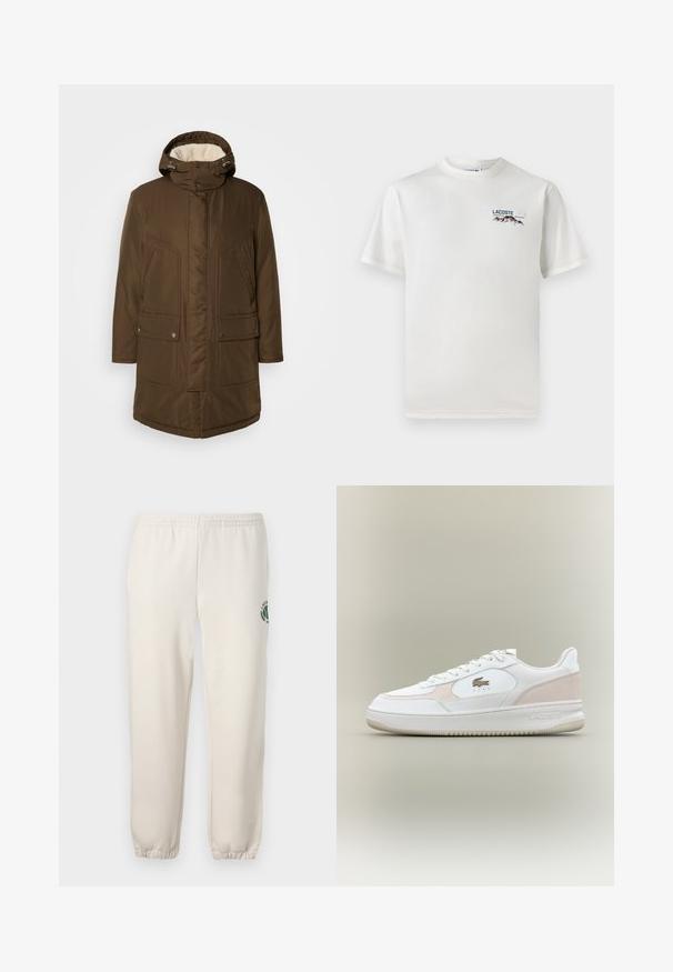 Brun, isolerad parkas med huva, med en mjuk inre foder, två frampocket och rak skärning. Justerbara nackknoppar ingår.; Vit bomullströja med rund halsringning, korta ärmar och en liten broderad logotyp med berg och text på vänster bröst.; Ljusbeige sweatpants i bomull, med resårmidja, ribbade manschetter och en grön logotyp med bladdesign på vänster ben.; Vita sneakers med slät läderöverkänsla, anteckningsdetaljer och gummisula. Har präglad logo och snörningsdesign. Minimalistisk estetik.