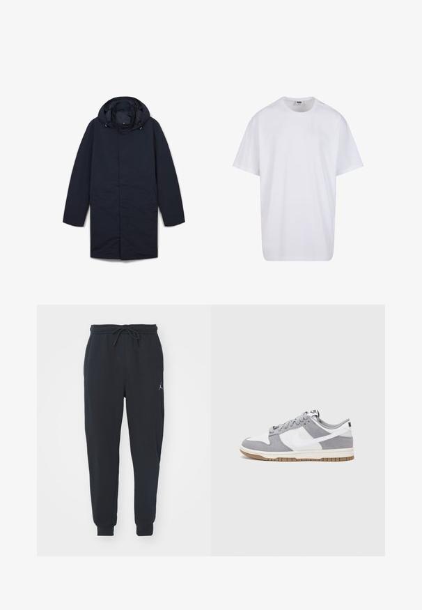 Cappotto impermeabile blu navy con cappuccio, maniche lunghe, taglio dritto e due tasche laterali, realizzato in un tessuto liscio e con dettagli minimi.; Maglietta bianca in cotone con maniche corte, scollatura rotonda, vestibilità comoda e senza loghi o motivi visibili. Texture liscia e design minimale.; Pantaloni jogger neri realizzati in tessuto morbido, dotati di una vita elastica con coulisse, polsini a costine e un piccolo logo sulla coscia sinistra.; Sneaker grigia e bianca con tomaia in suede e pelle, punta arrotondata, lacci piatti e soletta in gomma con un accento color caramello.