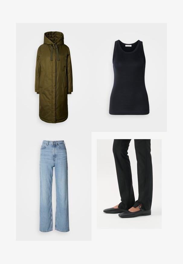 Olivno zelena, podložena dolga bunda s prostorno kapuco, vrvico in dvema stranskima žepoma. Gladka tekstura, raven kroj in zaobljen rob.; Črn top brez rokavov, izdelan iz mehkega, raztegljivega materiala. Ima okrogel ovratnik in široke naramnice, s prilagojeno silhueto in gladko teksturo.; Svijetloplave traperice viskog struka s ravnim nogavicama, izrađene od denima, s prednjim kopčanjem na gumb i suptilnim detaljima izblijeđivanja.; Črne usnjene balerinke s koničastim nosom, trak z srebrno zaponko, v kombinaciji s črnimi elegantnimi hlačami z razporkom na robu.