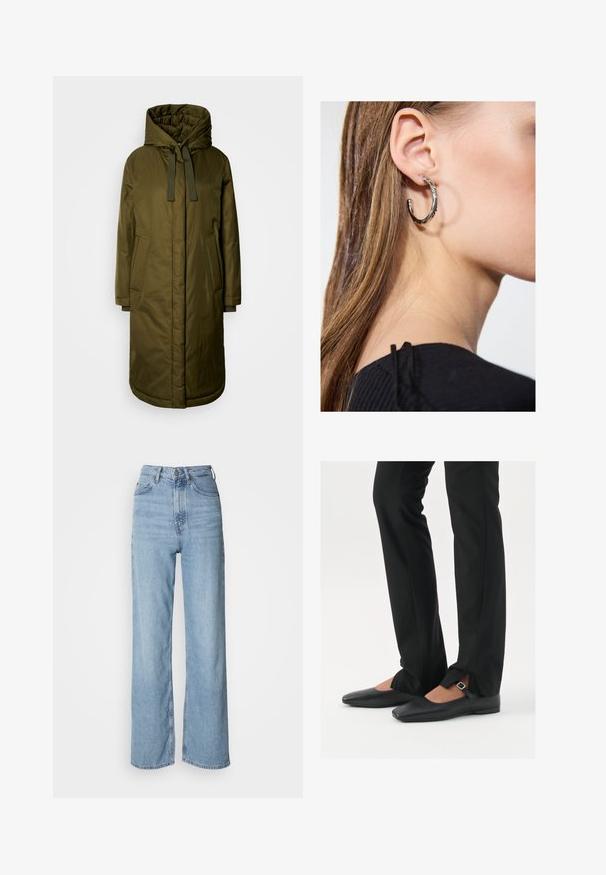 Olive green, padded long coat with a spacious hood, drawstrings, and two side pockets. Smooth texture, straight cut, and rounded hem.; Black tank top made from soft, stretchy fabric. Features a round neckline and wide shoulder straps, with a fitted silhouette and smooth texture.; Light blue high-waisted jeans with a straight leg, made of denim, featuring a front button closure and subtle fading details.; Black leather ballet flats with a pointed toe, strap with silver buckle, paired with black tailored pants featuring a slit hem.; Silver hoop earring with a polished finish, featuring small gold accent details and a round shape, worn on the lobe.