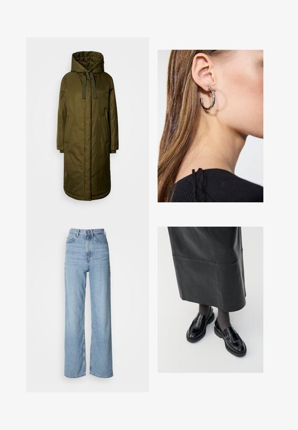 oliwkowy, pikowany długi płaszcz z przestronnym kapturem, sznurkiem ściągającym i dwiema bocznymi kieszeniami. Gładka tekstura, prosty krój i zaokrąglony dół.; Czarny top na ramiączkach wykonany z miękkiego, rozciągliwego materiału. Posiada okrągły dekolt i szerokie ramiączka, ma dopasowany krój oraz gładką fakturę.; Jasnoniebieskie jeansy z wysokim stanem i prostą nogawką, wykonane z denimu, z zapięciem na przedni guzik i delikatnymi efektami przecierania.; Czarne skórzane mokasyny o gładkim wykończeniu, z ozdobnym paskiem, okrągłym noskiem i teksturowaną podeszwą. Noszone z długą czarną skórzaną spódnicą.; Srebrny kolczyk w kształcie koła z polerowanym wykończeniem, z małymi złotymi akcentami, noszony na płatku ucha.