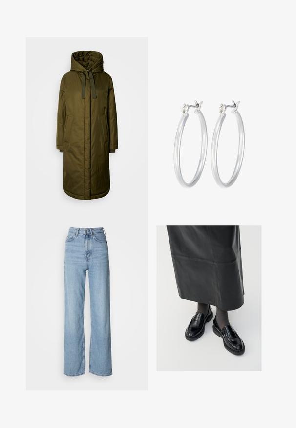 Olivovo zelený, polstrovaný dlhý kabát s priestrannou kapucňou, sťahovacími šnúrkami a dvoma bočnými vreckami. Hladký textúr, rovný strih a zaoblený lem.; Čierny tielko vyrobené z mäkkej, elastickej tkaniny. Má okrúhly výstrih a široké ramenné popruhy, so priliehavým strihom a hladkou textúrou.; Svetlo modré vysoko pásové džínsy s rovnými nohavicami, vyrobené z denimu, s predným zapínaním na gombíky a jemnými vyblednutými detailmi.; Čierne kožené poltopánky s hladkým povrchom, s dekoratívnym pásikom, okrúhlou špičkou a textúrovanou podrážkou. Nosené s dlhou čiernou koženou sukňou.; Strieborné kruhové náušnice s hladkým, lesklým povrchom. Kolový tvar a bezpečné klikanie na uzatváranie. Ľahký dizajn vhodný na každodenné nosenie.