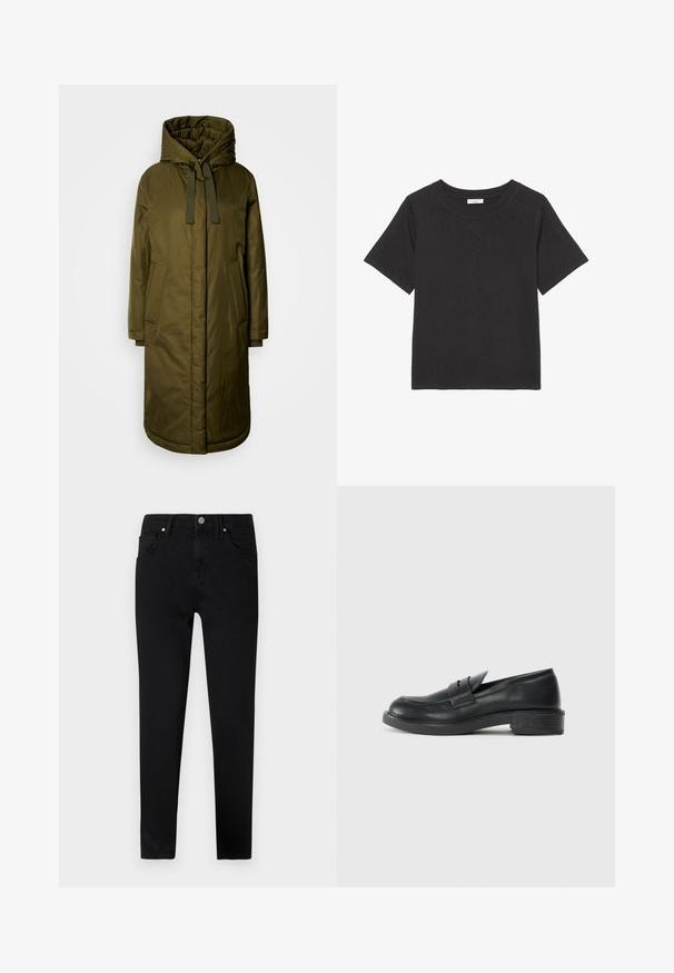 Olivengrøn, polstret lang frakke med en rummelig hætte, snoretræk og to sidelommer. Glat tekstur, lige snit og afrundet kant.; Sort t-shirt lavet af blødt stof, med en rund halsudskæring og korte ærmer. Designet er simpelt uden synlige mønstre eller detaljer.; Sorte denim jeans med slim fit, der har frontknaplukning, bæltestropper og klassisk fem-lomme design. Glat tekstur.; Sorte læder loafers med rund tå, stikninger og en lille hæl. Glat tekstur og en fleksibel gummisål.