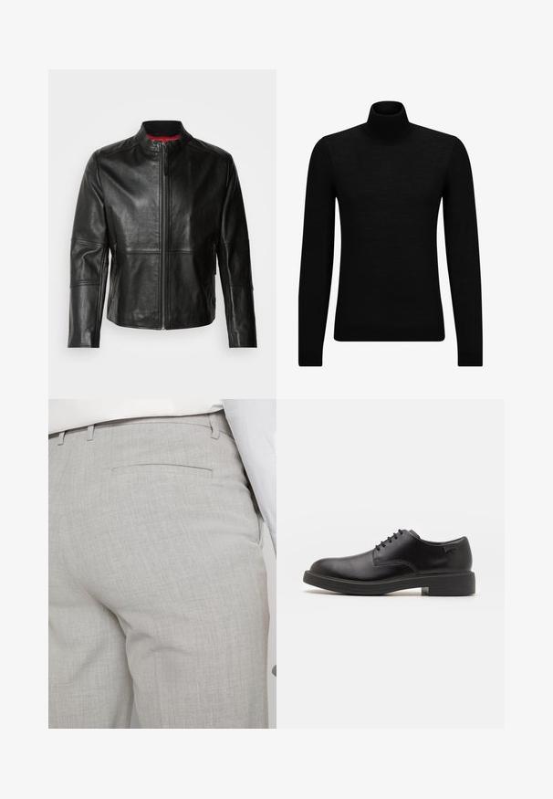 Zwarte leren jas met een staande kraag, voorkant met rits en twee zijzakken met ritssluiting. Gladde textuur met gestikte details.; Zwarte coltrui van zacht materiaal, met lange mouwen en een snug fit. Geribbelde afwerking aan de onderkant en mouwen. Eenvoudig ontwerp.; Lichtgrijze, op maat gemaakte broek van gestructureerde stof, met een enkele achterzak en nette stiksels.; Zwarte leren veterschoen met een ronde neus, een gladde textuur, minimale stiksels en een lage rubberen hak. Logo op de hak.
