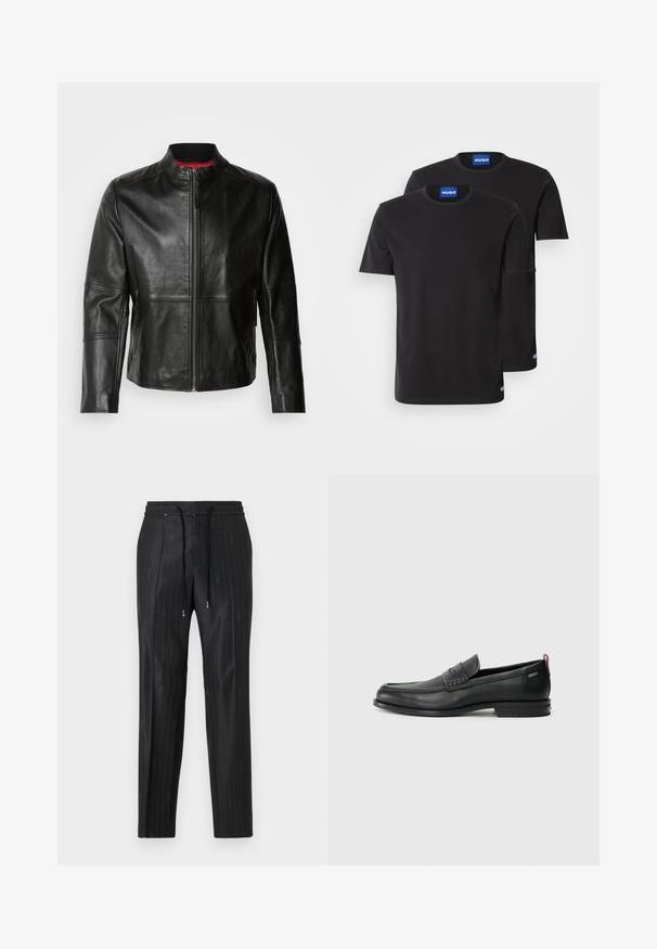 Juodas odinis švarkas su stovinčia apykakle, priekiniais užtrauktukais ir dviem šoninėmis užtrauktukų kišenėmis. Kotas tekstūra su siuvinėtais akcentais.; Du penkių juodų medvilninių marškinėlių su apvaliais iškirpimais, trumpomis rankovėmis ir mėlynais "HUGO" etiketėmis ant apykaklių ir šoninių kraštų.; Juodi dryžuoti kelnės, pagamintos iš glotnaus audinio, su patogiu elastingu juosmeniu ir raišteliais. Kelnės turi subtilius logotipo akcentus.; Juodi odiniai loafersai su tekstūruotu priekinės dalies panele ir lygiomis šoninėmis dalimis. Yra plonas kulnas ir užpakalinė kilpa patogiam užsidėjimui. Klasikinis dizainas.