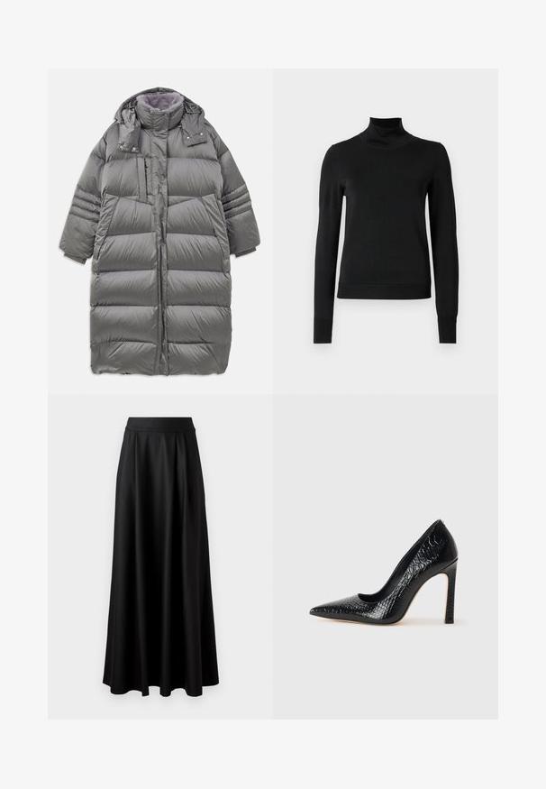 Grauer Puffer-Mantel mit hohem Kragen, durchgehendem Frontteil, Druckknopf- und Reißverschlusssystem sowie großen Seitentaschen. Verfügt über ein weiches, strukturiertes Futter.; Schwarzer Langarmrollkragenpullover mit gerippten Bündchen und Saum, auf einem schlichten weißen Hintergrund präsentiert.; Schwarzer, bodenlanger Rock mit glatter Textur, weitem Bund und plissiertem Design, ohne sichtbare Muster oder Verzierungen.; Schwarzer, spitz zulaufender High Heel mit Krokodilleder-Struktur, elegantem Design, hohem Stiletto-Absatz und glattem schwarzen Innenraum.