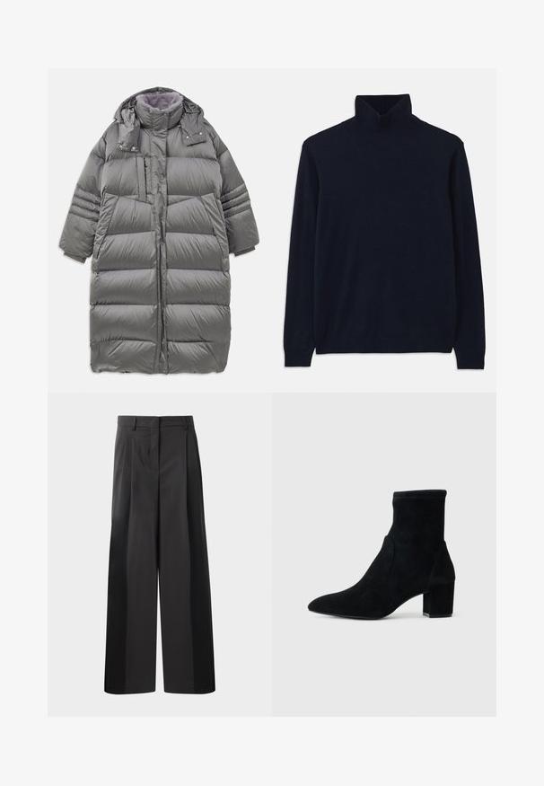 Hallhallane puffer jakk, millel on kõrge krae, täispikk esiosa, nupud ja tõmblukk ning suured küljetaskud. Omab pehmet, tekstuuriga voodrit.; Tumesinine kõrge kaelusega sviiter, millel on pikad varrukad ja mis on valmistatud pehmest kudumist. Omab soonikserva kaelas ja varrukates, lihtsa disaini ja ilma mustriteta.; Mustad laiad püksid kõrge vöökohaga, millel on ees voldid, sile tekstuur ja õmmeldud viimistlus. Kujundatud lõdva istuvuse saavutamiseks.; Must musta ankle-saapad terava ninaga, keskmise kõrgusega ploki kontsaga ja elastse varrega. Sile tekstuur, ilma nähtavate riistade või aktsentideta.