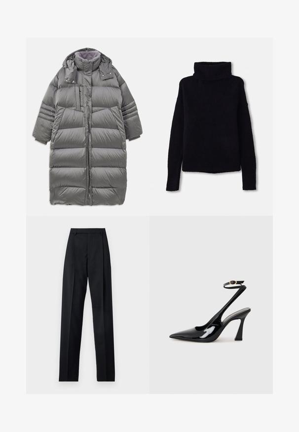 Doudoune grise avec un col haut, fermeture frontale intégrale, boutons-pression et fermeture éclair, et grandes poches latérales. Dispose d'une doublure douce et texturée.; Pull en maille épaisse noir avec un col roulé côtelé haut et des manches longues. Texture douce, ourlet droit, sans motifs ni embellissements visibles.; Pantalon noir en tissu lisse avec taille haute, jambes larges, plis à l'avant et passants de ceinture classiques. Pas de poches latérales visibles.; Escarpins noirs en cuir verni avec un bout pointu, sangle ajustable à la cheville et un talon bloc modéré. Texture lisse avec finition brillante.