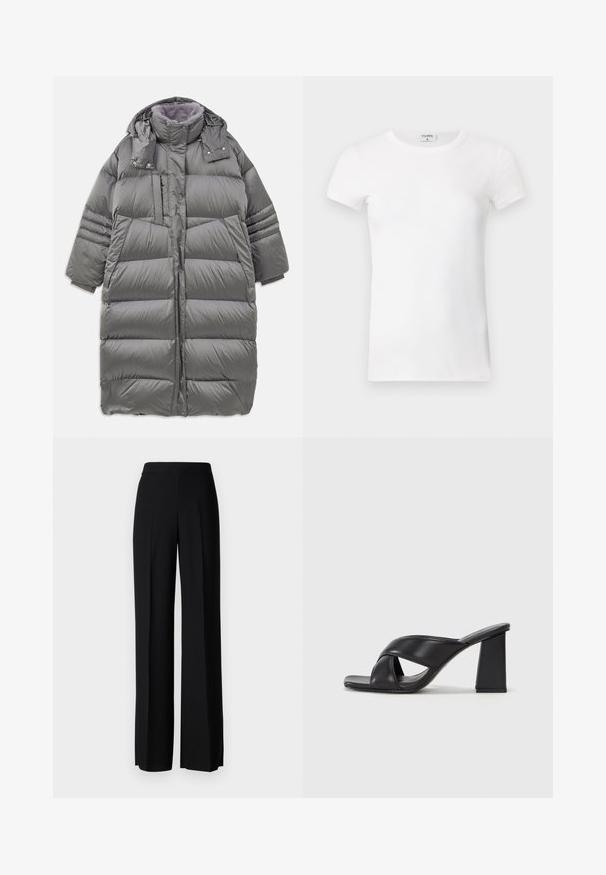 Gray puffer coat with a high collar, full-length front, snap and zip closures, and large side pockets. Features a soft, textured lining.; White ribbed short-sleeve T-shirt with a crew neck. The fabric appears smooth with a fitted silhouette. Branding label visible at the collar.; Black wide-leg trousers with a smooth texture, featuring a high waistband and center pleats. No visible patterns or hardware details.; MAX&Co. SOHO - High heeled sandals - schwarz