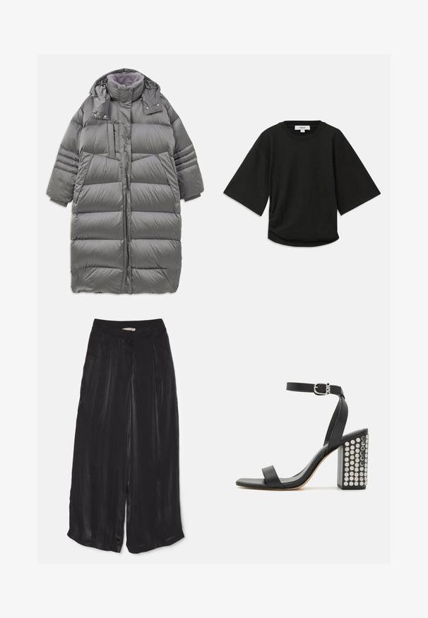 Hallhallane puffer jakk, millel on kõrge krae, täispikk esiosa, nupud ja tõmblukk ning suured küljetaskud. Omab pehmet, tekstuuriga voodrit.; Must have lühikeste varrukatega must t-särk, mis on valmistatud pehmest puuvillast, ringikujulise kaelusega ja vabalt langenud lõikega, millel on külgedel peen volditud detail.; Mustad laiad püksid, mis on valmistatud siledast satiinist, sisaldavad kõrget taljeosa, eesmine voldid ja lühendatud pikkus külgmiste lõherakkudega.; Mustad nahast kõrged sandaalid pahkluu rihmaga. Omavad ruudukujulist varbaosa, siledat tekstuuri ja ruudukujulist plokknõela, mis on kaunistatud hõbedaste nööpidega.