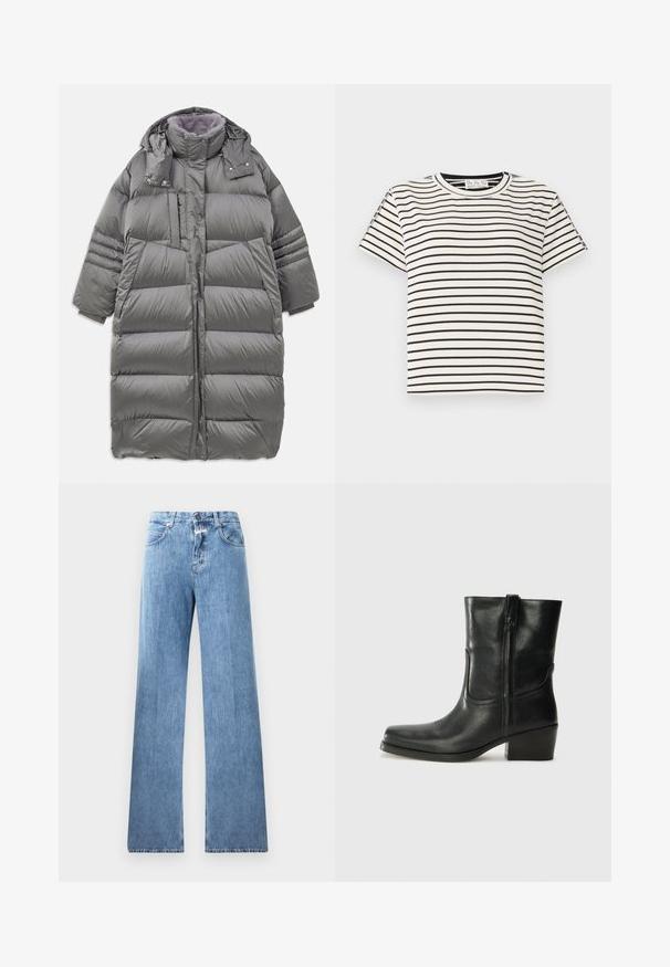 Cappotto imbottito grigio con colletto alto, chiusura frontale a tutta lunghezza, bottoni a pressione e zip, e ampie tasche laterali. Presenta un rivestimento morbido e strutturato.; T-shirt in cotone a maniche corte con scollo rotondo, caratterizzato da strisce verticali nere su sfondo bianco e un design a taglio dritto.; Jeans in denim blu chiaro con un design a gamba larga, cinque tasche, passanti per cintura e chiusura con bottone. Il tessuto ha una texture liscia.; Stivale ankle in pelle nera con punta arrotondata, tacco a blocco, cerniera laterale e dettagli in cucitura sulla tomaia. Texture liscia, design classico.