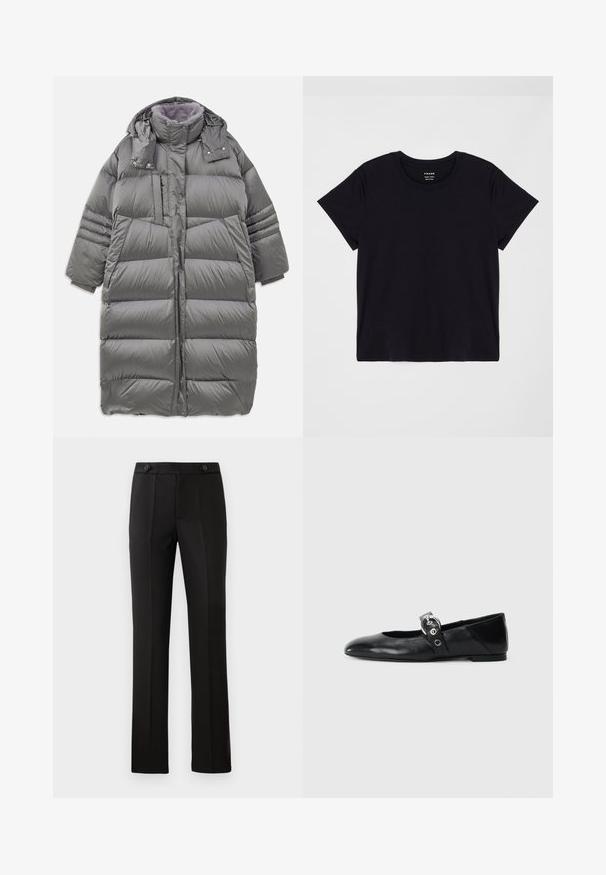 Grijze pufferjas met hoge kraag, volledige lengte aan de voorkant, drukknopen en ritssluiting, en grote zijzakken. Heeft een zachte, gestructureerde voering.; Zwarte T-shirt met korte mouwen, gemaakt van zachte katoen. Klassiek ontwerp met ronde hals en een eenvoudige, ongecompliceerde uitstraling met een comfortabele pasvorm.; Zwarte op maat gemaakte broek met een rechte pijp, twee voorzakken, een knoopsluiting en plooien aan de voorkant. Glad textuur van de stof.; Zwarte leren balletschoenen met een spitse neus, voorzien van een band met een ronde metalen gesp en een platte zool.