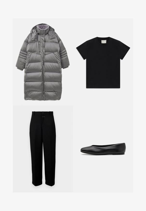 Grauer Puffer-Mantel mit hohem Kragen, durchgehendem Frontteil, Druckknopf- und Reißverschlusssystem sowie großen Seitentaschen. Verfügt über ein weiches, strukturiertes Futter.; Schwarzes Kurzarm-T-Shirt mit Rundhalsausschnitt und einem weißen Etikett im Kragen, darauf steht "D.R.C. EST. 2002", vor einem weißen Hintergrund.; Schwarze Hosen aus einem glatten Stoff, mit einem Knopfverschluss, Gürtelschlaufen und einem geraden Bein.; Paul Smith TOPANGA - Klassischer Ballerina - black
