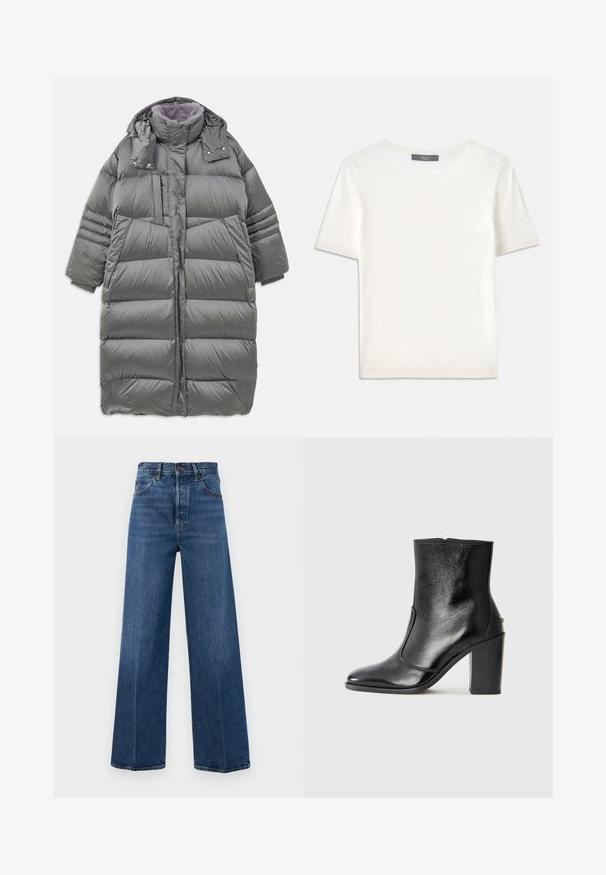 Geacă puf gri cu guler înalt, față întreagă, închidere cu nasturi și fermoar, și buzunare mari pe laterale. Prezintă o căptușeală moale și texturată.; Top tricotat alb cu mânecă scurtă, cu decolteu rotund, având o textură netedă și accente subtile cu nervuri la mâneci și la margine.; Jeans largi de culoare albastră, din denim, cu talie înaltă, buzunare frontale și cusături în contrast. Materialul are o textură netedă.; Botină din piele neagră, cu o textură netedă, vârf ascuțit și toc gros, înalt. Dispune de o deschidere laterală și un design minimalist.