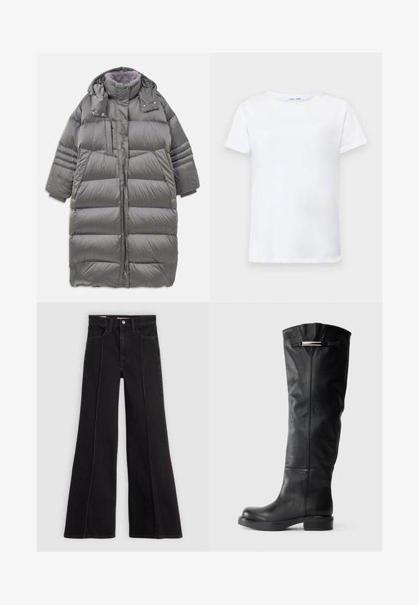 Grijze pufferjas met hoge kraag, volledige lengte aan de voorkant, drukknopen en ritssluiting, en grote zijzakken. Heeft een zachte, gestructureerde voering.; Witte korte mouwen t-shirt van katoen met een ronde hals. Soepele textuur en rechte snit, zonder patronen of accenten.; Zwarte hoogtaille wijde jeans met naaddetails aan de voorkant, knoopsluiting, riemlussen en voorzakken op een effen lichte achtergrond.; Hielhoge zwarte leren laarzen met een gladde textuur, een ronde neus en een lage blokhak. Met een zilverkleurige accenten aan de bovenkant.