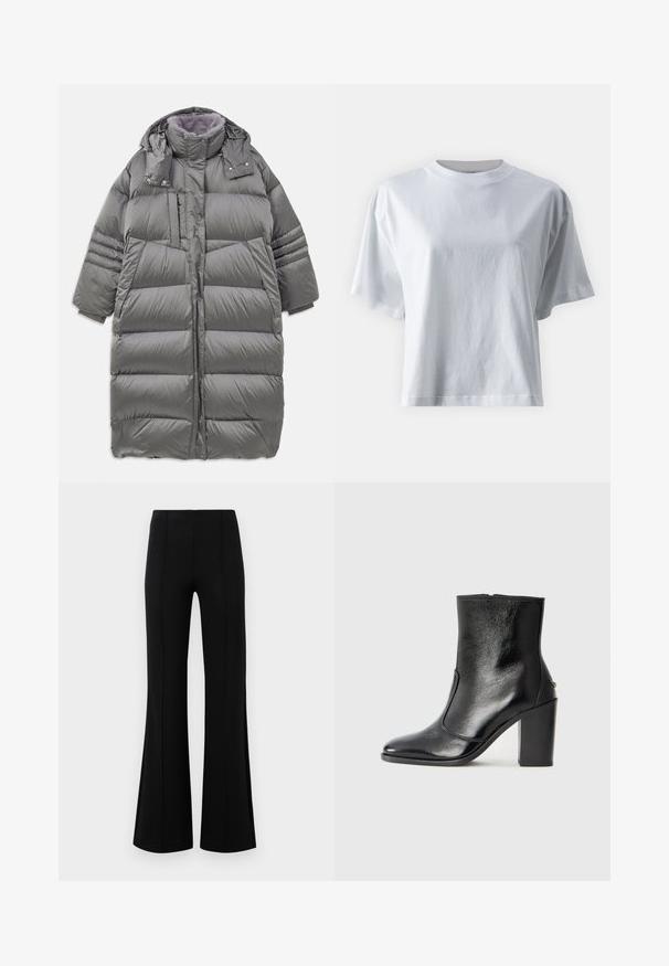 Grauer Puffer-Mantel mit hohem Kragen, durchgehendem Frontteil, Druckknopf- und Reißverschlusssystem sowie großen Seitentaschen. Verfügt über ein weiches, strukturiertes Futter.; IVY OAK KYLA - T-Shirt basic - bright white; Schwarze Schlaghose mit hoher Taille, aus dehnbarem Material. Mit vertikalen Nahtdetails auf der Vorderseite und einer glatten Textur.; Schwarze Leder-Stiefelette mit glatter Textur, spitzem Fuß und klobigem hohen Absatz. Verfügt über eine seitliche Öffnung und ein minimalistisches Design.