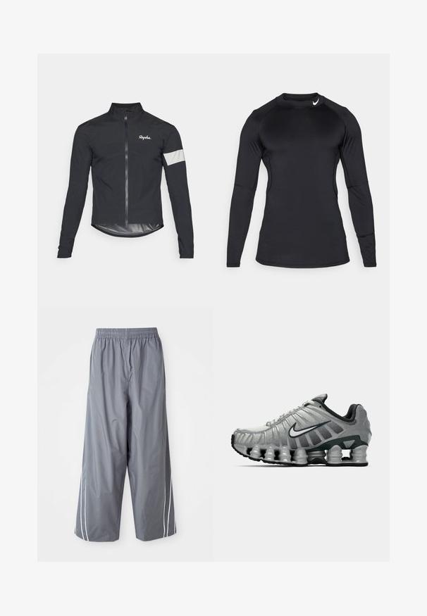 Black cycling jacket made of lightweight material. Features a full zipper, high collar, long sleeves, and a reflective strip on the arm.; Black long-sleeve athletic shirt made of smooth, stretchy fabric with a crew neckline and discreet logo on the upper left.; Gray, lightweight, synthetic wide-leg pants with an elastic waistband and white side stripes. Smooth texture with a casual design.; Grey and black Nike running shoe with visible spring-like cushioning under the sole and a white swoosh logo on the side.