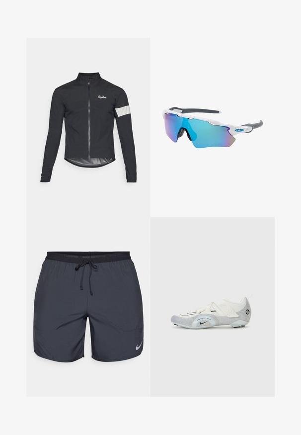 Černá cyklistická bunda vyrobená z lehkého materiálu. Obsahuje plný zip, vysoký límec, dlouhé rukávy a reflexní pruh na rukávu.; Hnědý cyklistický dres s krátkým rukávem a plným zipem, který má bílé reflexní pruhy a síťované detaily. Logo značky je umístěno na přední straně.; Běžecké šortky Nike v tmavě šedé barvě, se zakončením na gumu a tkaničkou a stříbrným logem na dolní části pravé nohavice.; Bílé a stříbrné cyklistické boty s síťovinou, texturedními detaily, nastavovacími pásky a gumovou podrážkou pro přilnavost a stabilitu.; Sluneční brýle s bílým rámečkem, šedými akcenty a modrými zrcadlovými čočkami. Sportovní design, obepínající tvar a nastavitelné nosní podložky.