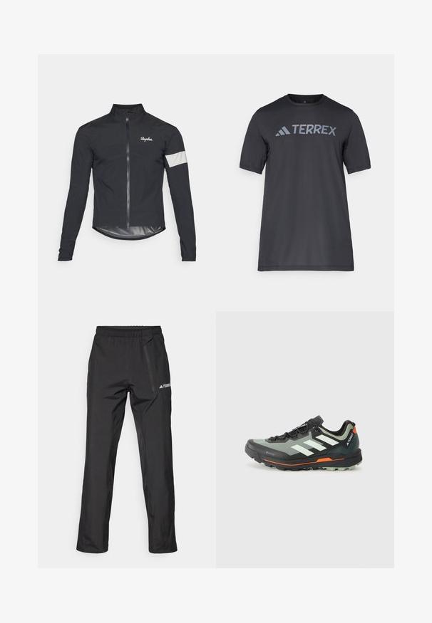 Jacket de ciclismo preta feita de material leve. Apresenta um fecho éclair completo, gola alta, mangas longas e uma tira refletora no braço.; Camiseta preta de manga curta feita de tecido leve, com o logótipo cinza-claro "TERREX" atravessando o peito e um decote redondo.; Calças outdoor leves pretas com cintura elástica, bolsos com fecho de correr e logótipo impresso. Textura lisa e corte de perna reta.; Sapatilha de trail running leve com parte superior em malha cinza e preta, detalhes em laranja e uma sola robusta para tração. Forro impermeável em Gore-Tex.