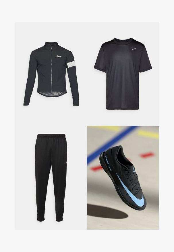 Giacca da ciclismo nera realizzata in materiale leggero. Presenta una zip completa, colletto alto, maniche lunghe e una striscia riflettente sul braccio.; Maglietta atletica nera a maniche corte, con collo rotondo, realizzata in tessuto liscio. Presenta un piccolo logo Nike bianco sulla parte superiore sinistra.; Pantaloni sportivi neri realizzati in tessuto liscio, con una vita elastica, gambe affusolate e un piccolo logo bianco sul lato sinistro.; Scarpa sportiva nera con dettagli blu, superficie testurizzata, design a lacci e logo Nike distintivo. Suola in gomma con pattern antiscivolo.