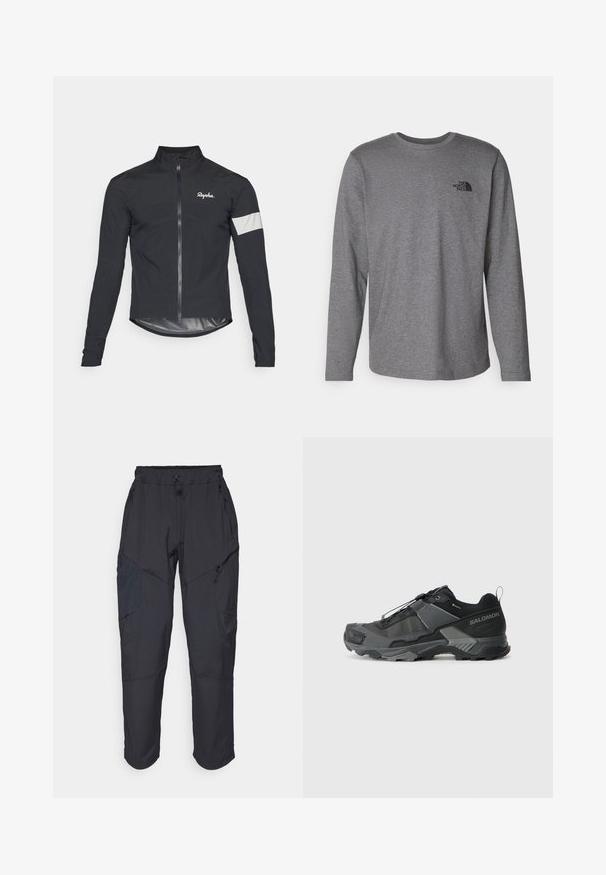 Musta pyöräilytakki, joka on valmistettu kevyestä materiaalista. Ominaisuuksiin kuuluu täysipitkä vetskari, korkea kaulus, pitkät hihat ja heijastava nauha hihassa.; The North Face M L/S SIMPLE DOME TEE - Pitkähihainen paita - medium grey heather; Mustat cargo-housut, jotka on valmistettu kevyestä, vettä hylkivästä materiaalista; niissä on joustava vyötärö, useita vetoketjullisia taskuja ja kapenevat lahkeet.; Mustat maastohiihtokengät, joissa on kestävä verkkokansi, vahvistettu varvaskuppi, teksturoitu kumipohja ja joustava nauhajärjestelmä varman istuvuuden takaamiseksi.