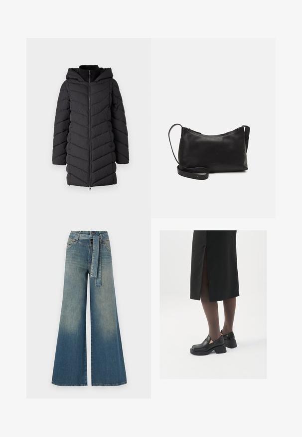 Black padded jacket with a hood, featuring a front zipper, chevron stitch pattern, and long sleeves. Made of lightweight, textured fabric.; Dark navy cropped knit sweater with ribbed texture, short wide sleeves, and a round neckline. Simple design, no visible patterns or accents.; Wide-leg denim trousers featuring a light to dark blue gradient, high waist, belt loops, and a matching fabric belt. Textured denim finish.; Black leather shoes with a rounded toe, thick block heel, and elastic side accents, paired with dark tights and a black skirt with a slit.; Black leather shoulder bag with a smooth texture, curved shape, adjustable strap, and a zip closure. Minimalist design without embellishments.