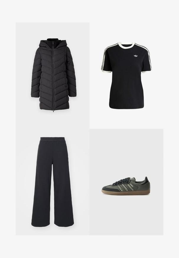 Čierna vypchatá bunda s kapucňou, so zipsom vpredu, vzorom šípok a dlhými rukávmi. Vyrobená z ľahkej štruktúrovanej tkaniny.; Čierne bavlnené tričko s bielymi akcentmi na golieri a rukávoch, s tromi bielymi pruhmi na každom pleci a malým logom na hrudi.; Čierne širšie tepláky vyrobené z mäkkej látky, s elastickým pásom a malým logom na ľavej strane.; adidas Originals SAMBA OG - Tenisky - core black/legend earth/gum