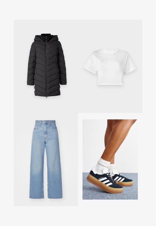 Schwarze gepolsterte Jacke mit Kapuze, ausgestattet mit einem Frontreißverschluss, einem Zickzack-Nähtmuster und langen Ärmeln. Hergestellt aus leichtem, strukturiertem Stoff.; Weißes, kurzes T-Shirt aus Baumwolle. Kurze Ärmel, runder Ausschnitt, glatte Textur, lässiges Design ohne Muster oder Verzierungen.; Hellblaue High-Waist-Weite-Leg-Jeans mit Knopf- und Reißverschluss vorne, Vorder- und Rückentaschen, auf weißem Hintergrund.; Schwarze Wildledersneaker mit weißen Streifen und Akzenten, rundlicher Zehenbereich, Sohlen aus braunem Gummi, kombiniert mit weißen, gerippten Sneakersocken.
