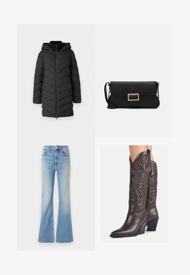 Must olla musta polsterdatud jakk kapuutsiga, millel on eesne zipp, chevron õmblusmuster ja pikad varrukad. Valmistatud kergest, tekstureeritud kangast.; Valge ilma varrukateta T-särk, mis on valmistatud ribakangast, ümarate kaelustega ja kitseneva siluetiga, minimaalse õmbluste ning ilma kaunistusteta.; Heledad sinine flared teksapüksid, millel on kõrge vöökoht, viie tasku disain ja peen gradiseeruv hägusus alates hemist.; Pruunid nahast cowboy saapad terava varbaga ja plokk-kandaga, millel on detailne tikand ja kergelt tõstetud aktsendid varrel.; Must haben musta nahkklahviga kott, millel on klapp ja kuldne metallist pandla detail. Kaasas must rihm ja stiilne, minimalistlik disain.