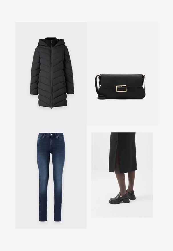 Black padded jacket with a hood, featuring a front zipper, chevron stitch pattern, and long sleeves. Made of lightweight, textured fabric.; White sleeveless tank top made of ribbed fabric, featuring a rounded neckline and a fitted silhouette, with minimal seams and no embellishments.; Dark blue skinny jeans made of denim, featuring a classic five-pocket design, button fly, and subtle fading on the thighs.; Black leather shoes with a rounded toe, thick block heel, and elastic side accents, paired with dark tights and a black skirt with a slit.; Black leather clutch bag with a flap and a gold metal buckle detail. Includes a black strap and a sleek, minimalist design.