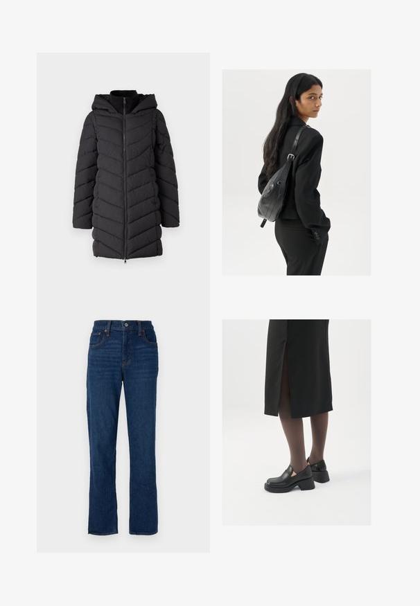 Černá vyp padded bunda s kapucí, s předním zipem, štepováním do v, a dlouhými rukávy. Vyrobena z lehké, texturované tkaniny.; Bílý bezrukávový top vyrobený z ribbed látky, s kulatým výstřihem a přiléhavým střihem, s minimem švů a bez ozdob.; Tmavě modré džíny rovného střihu s pěti kapsami, oranžovým prošíváním a knoflíkovým zapínáním na pase.; Černé kožené boty s kulatou špičkou, silným blokovým podpatkem a elastickými bočními akcenty, spárované s tmavými punčochami a černou sukní se rozparkem.; Žena s dlouhými tmavými vlasy, oblečená v černém obleku, nese černou koženou kabelku přes rameno a dívá se přes rameno na bílém pozadí.; Stříbrné kruhové náušnice s točeným designem, se lesklým povrchem a uzávěrem na kolík. Průměr přibližně 3 cm.