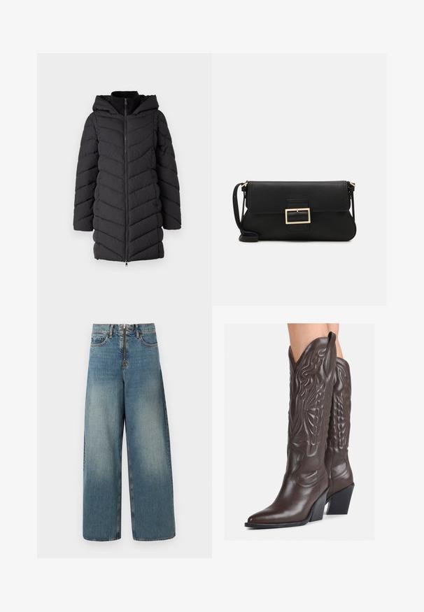 Giacca nera imbottita con cappuccio, dotata di zip frontale, motivo a zig-zag e maniche lunghe. Realizzata in tessuto leggero e testurizzato.; Top senza maniche bianco realizzato in tessuto a coste, caratterizzato da un collo arrotondato e una silhouette aderente, con cuciture minime e senza decorazioni.; Jeans in denim a gamba larga in un lavaggio blu chiaro. Presentano una chiusura con zip e bottone, e un leggero sbiadimento per un effetto usurato.; Stivali da cowboy in pelle marrone con punta affusolata e tacco a blocco, caratterizzati da dettagliati ricami e accenti rialzati sul gambale.; Borsa a mano in pelle nera con patta e dettaglio in metallo dorato. Include una tracolla nera e un design elegante e minimalista.