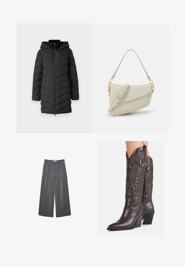 Mustat toppatakki, jossa on huppu, etuvetoketju, viisto ommelkuvio ja pitkät hihat. Valmistettu kevyestä, teksturoidusta kankaasta.; Valkoinen hihaton toppi, joka on valmistettu ribbikankaasta, ja jossa on pyöreä pääntie ja tiukka siluetti, minimaalisin saumoin ja ilman koristeita.; Pleated leveleijoushousut tummanharmaasta kankaasta, jossa on hieno rakenne. Ominaisuuksina napin suljenta ja klassinen vyötärönauhan muotoilu.; Ruske nahkasaappaat, joissa on terävä kärki ja laatikkokorko, varustettu yksityiskohtaisella ompelulla ja kohotetuilla yksityiskohdilla varsiosassa.; Pieni kerma beige käsilaukku, jossa on teksturoitu pinta, pitkä säädettävä olkahihna, ketjua korostava yksityiskohta ja läppälukko. Kultaista metalliosaa.