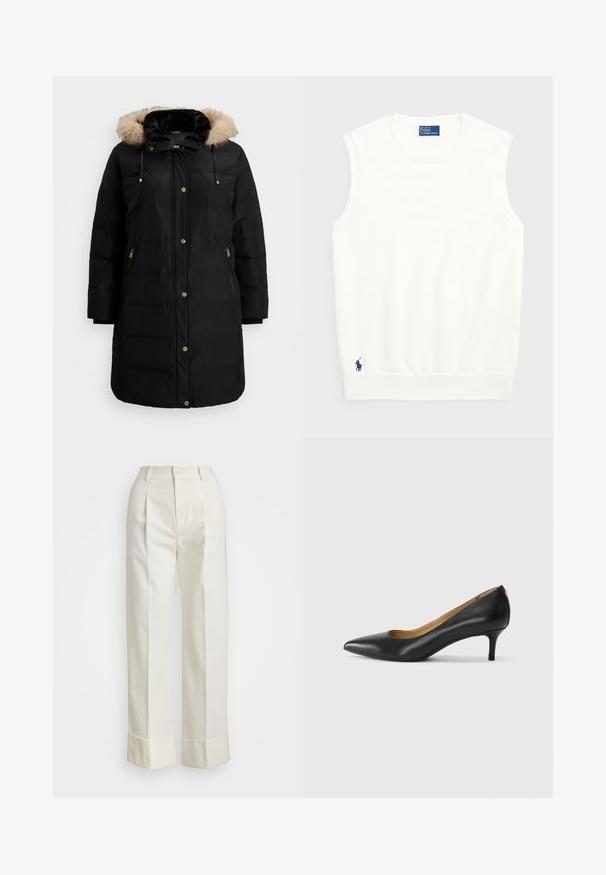 Černý péřový kabát s kapucí z umělé kožešiny. Má zipové boční kapsy, zlaté druky a prošívanou texturu na látce.; Bílé bezrukávové svetr vyrobený z hladké bavlny, s ribbovaným lemem a malým námořnickým logem ve spodním levém rohu. Jednoduchý design, bez vzorů.; Bílé kalhoty na míru s vysokým pasem, dvojitými předními záhyby a širokými nohavicemi s ohrnutými lemy. Vyrobeny z hladké, strukturované tkaniny.; Černé kožené lodičky s špičatou špičkou, nízkým podpatkem a hladkým povrchem. Mají mírné otevření vpředu a minimální kovové prvky na zadní straně.