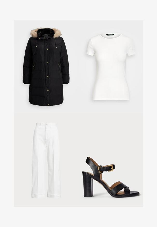 Melns pūkains mētelis ar mākslīgo kažokādu. Aprīkots ar kabatām ar rāvējslēdzējiem, zelta toņa pogām un ar kviltētu tekstūru uz auduma.; Balts kokvilnas T-krekls ar īsām piedurknēm, apaļu kaklu, pieguļošu dizainu un gludu tekstūru. Logo birka pie kakla.; Baltas platās bikses ar augstu jostasvietu, ar pogu aizdari un smalkiem izšuvumiem. Izgatavotas no kokvilnas ar gludu tekstūru.; Melnas ādas papēžu sandales ar pārklājošu siksnu dizainu un sprādzi. Iezīmējas ar masīvu papēdi un gludu tekstūru.