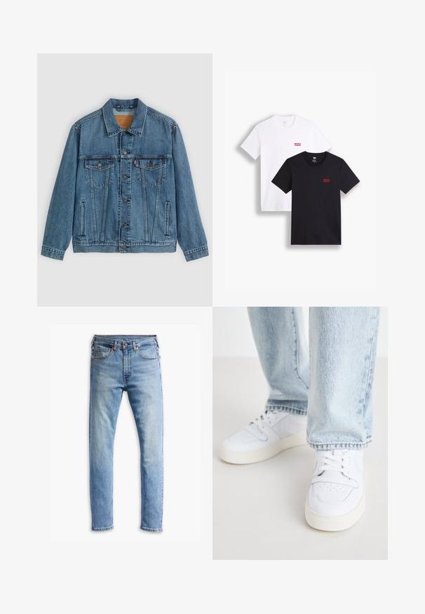 Švarkas iš džinsinio audinio šviesiai mėlynos spalvos su knopkų užsegimu, dviem krūtinės kišenėmis ir šoninėmis kišenėmis. Yra klasikinis apykaklė ir nusidėvėjęs tekstūros efektas.; Du mieli trumpi rankoviai marškiniai: vieni balti, kiti juodi. Abu pagaminti iš medvilnės, su raudona Levi's logotipu ant krūtinės. Paprastas apvalaus kaklo dizainas.; Šviesiai mėlynos džinsinės kelnės su tiesiu kirpimu, penkiomis kišenėmis, mygtukų uždarymu ir subtiliu išblukimu per audinį.; Balti odiniai žemi modeliai kedai su perforuota nosimi, plokščiomis raištelėmis ir minimalistiniu dizainu. Suderinti su šviesiai mėlynomis džinsinėmis kelnėmis.